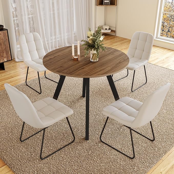34.6'' Round Dining Table and Chairs for 4 Space Saving for Apartment Kitchen Dining Room (Walnut Table+4 U-Shaped White Chairs)