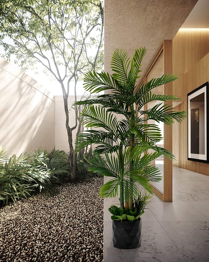 Deluxe 78" Golden Cane Palm Artificial Tree + Premium Fiddle Leaf Foliage in 8" Base + 12" Plant Pot Skirt + Bonus USA Flag Style Pot Pant