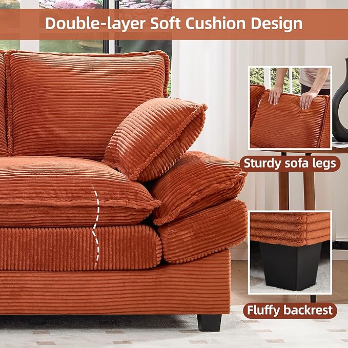 83" Loveseat Sofa, Cloud Couches for Living Room, Comfy Corduroy Couch with Deep Seat, Love Seat Couches for Bedroom, Apartment and Office, Easy Assemble for Small Space (Orange)