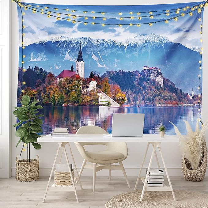 Ambesonne Landscape Tapestry Twin Size, Photo of Bled in Slovenia with Lake Snowy Mountains and a Castle Pastoral Scenery, Wall Hanging Bedspread Bed Cover Wall Decor, 68" X 88", Blue Lavender
