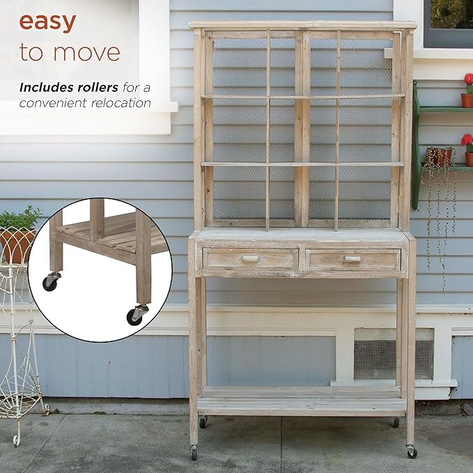 Alpine Corporation 67" Tall Indoor/Outdoor Rustic Wooden Potting Hutch with Shelves and Drawers