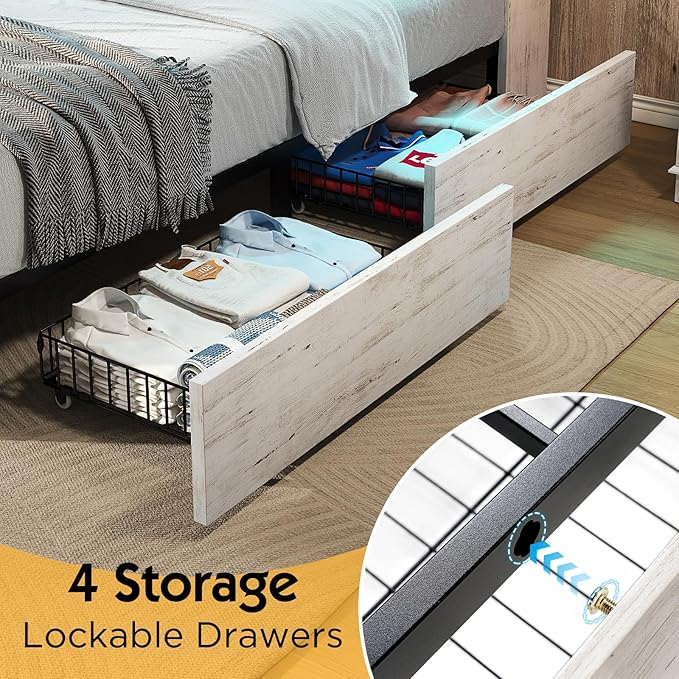 King Farmhouse Bed Frame with Bookcase Headboard and 4 Drawers, LED Storage Bed with Charging Station & Linen Upholstered, No Box Spring Needed, Distressed White