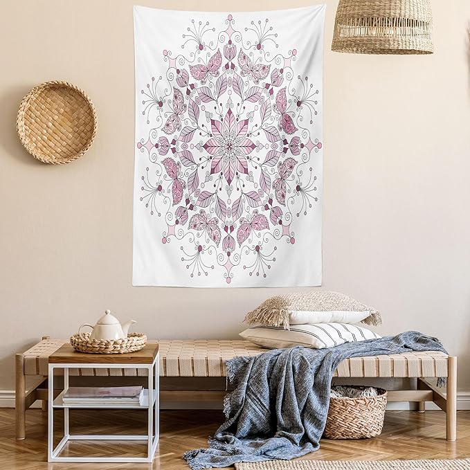 Ambesonne Mandala Tapestry Twin Size, Lacy Inspired Pastel Floral Motif with Butterfly and Lotus Branches Design, Wall Hanging Bedspread Bed Cover Wall Decor, 68" X 88", White Pale Pink