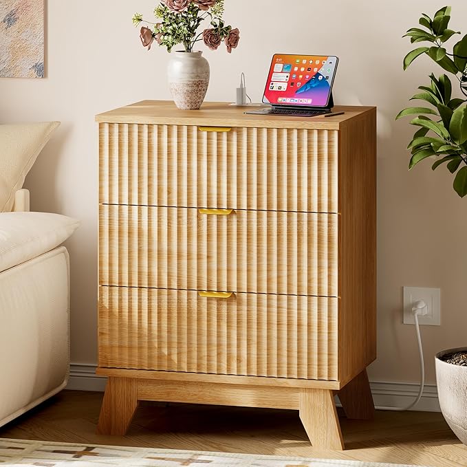 30.5" Nightstand with Charging Station, 3-Drawer Fluted Bedroom Chest, Wood Bedside Dresser with Power Outlets and USB Ports, Metal Slides, Stable Base, Modern Storage Cabinet for Small Spaces