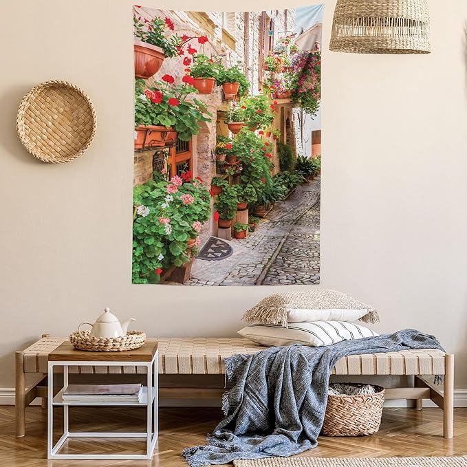 Ambesonne Italian Tapestry Queen Size, Street View of a Small Renaissance Town with Floral Porches and Rock Mediterranean, Wall Hanging Bedspread Bed Cover Wall Decor, 88" X 88", Pale Brown