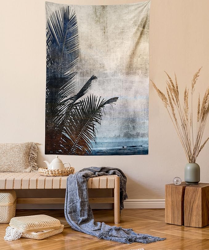 Ambesonne Hawaiian Tapestry Queen Size, Palm Tree Leaves on Grunge Background with Sea Vintage Waterscape Illustration, Wall Hanging Bedspread Bed Cover Wall Decor, 88" X 88", Beige Indigo