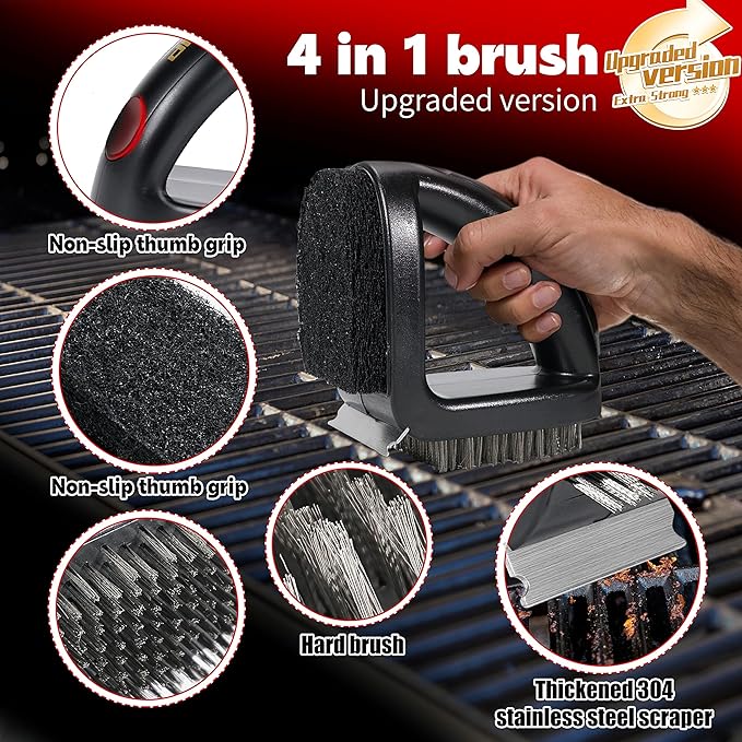 RELHP 4-in-1 Grill Brush [Bristle-Free Sponge Pad & Wire] Combined BBQ Brush,Ultra Safe & Heavy-Duty Grill Cleaner for Outdoor Grill Grill Brush and Scraper Grill Accessories Gifts for Men/Dad