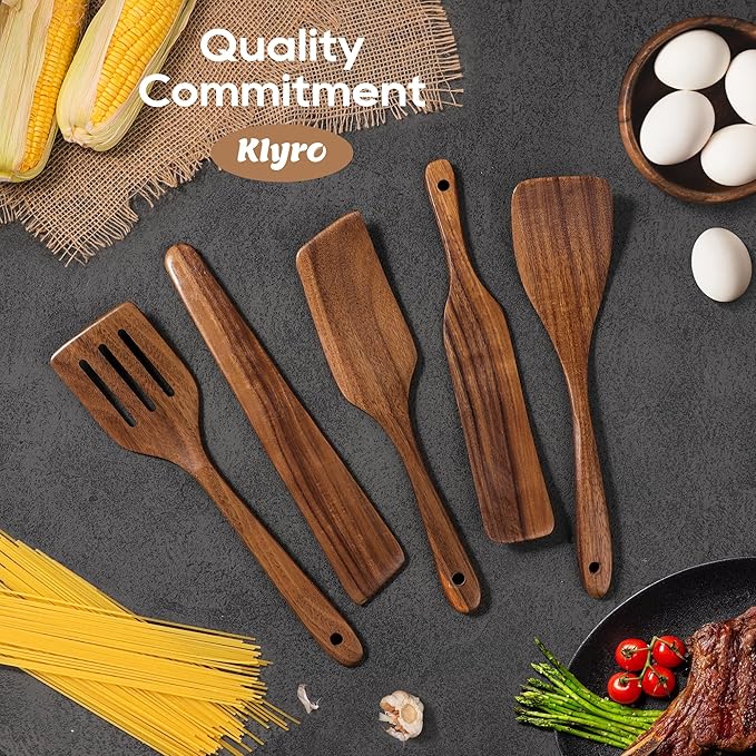 KLYRO 5 PCS Wooden Spatula Set, Natural Teak Wooden Spoons for Cooking, Nonstick Cookware Safe Kitchen Utensils Set, Durable & Elegant Cooking Utensils Gift Set