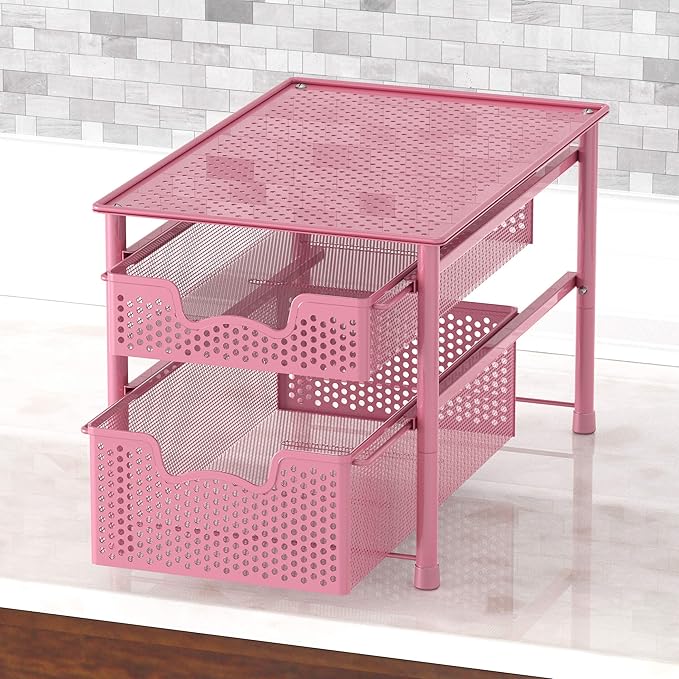 Simple Houseware Stackable 2 Tier Sliding Basket Organizer Drawer, Pink