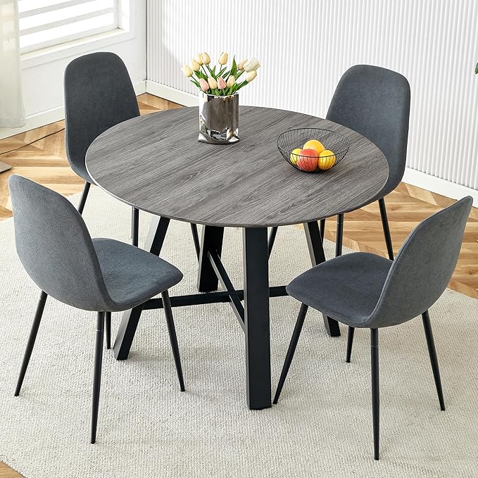 Round Dining Room Table Set for 4,42" Modern Kitchen Table with Chairs,Grey Space-Saving Round Wood Dining Set with Fabric Chairs for Small Kitchen, Office, Cafe