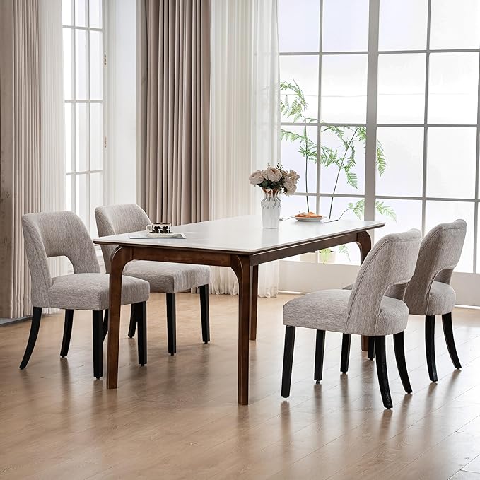VKNOW Wooden Dining Chairs Set of 4, Modern Fabric Upholstered Dining Room Chair Kitchen Chairs, Farmhouse Dinner Chair for Kitchen Dining Room, Grey-Black Legs