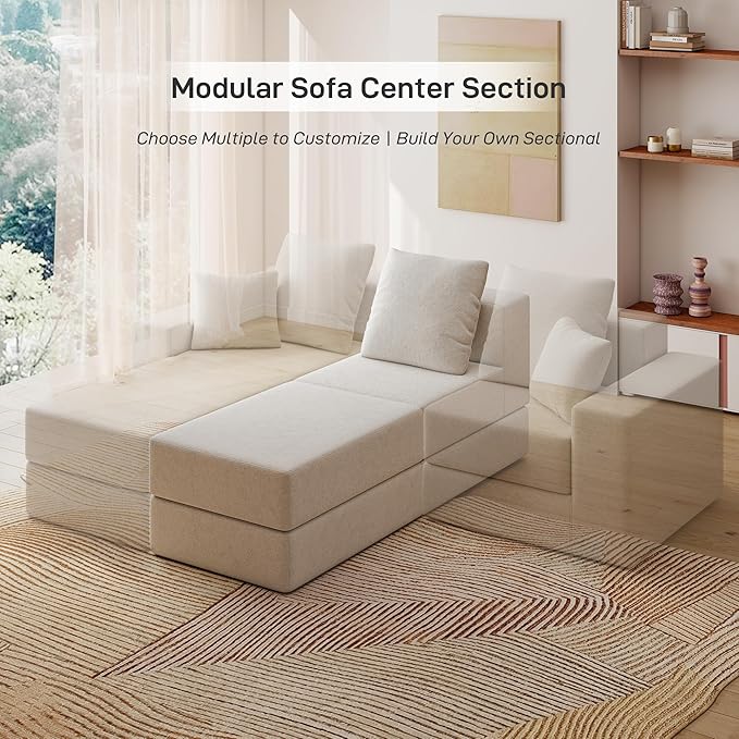 Living&Giving Cloud Sectional Couch for Living Room, Modular Boneless Couch with 1 Ottoman, Middle-seat Can Be Combined with Modular Sofa, Customizable Layout for Any Space, Beige