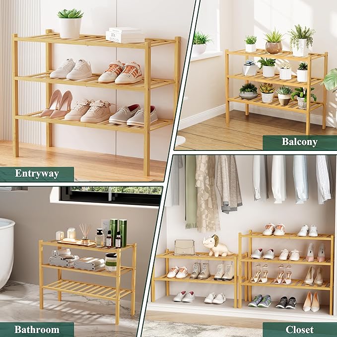Smiry Shoe Rack, 5 Tier Long Bamboo Shoe Organizer, Stackable Free Standing Wooden Shoe Storage Shelf for Closet, Entryway, Front Door Entrance, Natural