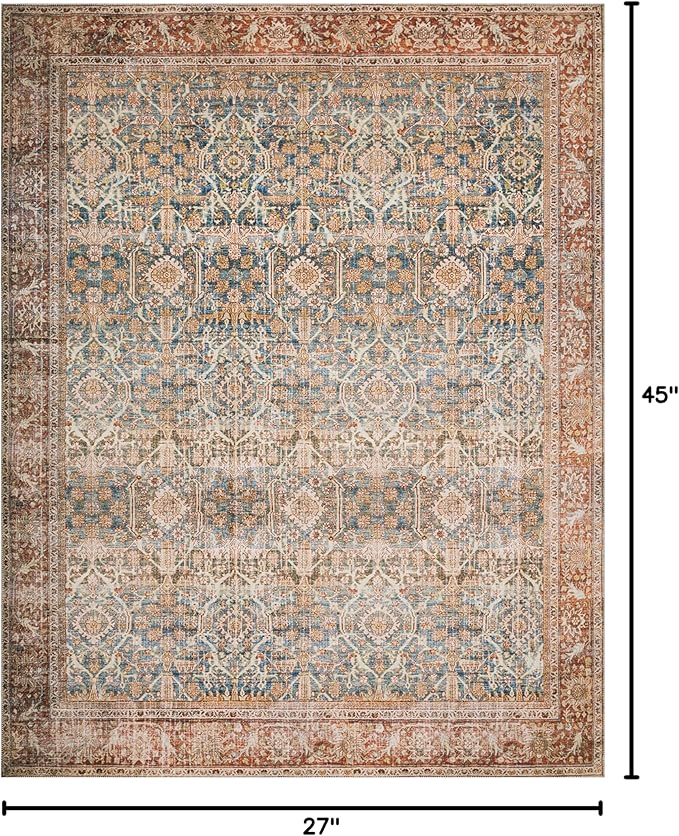 Loloi Layla Collection LAY-04 Ocean/Rust 2'-3" x 3'-9" .13" Thick Accent Rug, Soft, Durable, Vintage Inspired, Distressed, Low Pile, Non-Shedding, Easy Clean, Printed, Living Room Rug