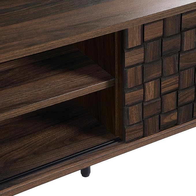 LuxenHome TV Stand for Living Room up to 80'' TVs, 71" Mid Century Modern Dark Oak Finish Wood with Basket Weave Design Entertainment Center with Storage, Media Console TV Console Cabinet for Entryway