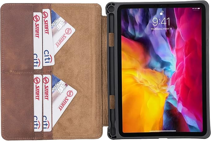 Genuine Leather Handmade iPad 10.2 Magnetic Closure Case with Separeted Compartments and Card Slots for Women &amp Men (8th Gen 2020) (7th Gen 2019) (Black)