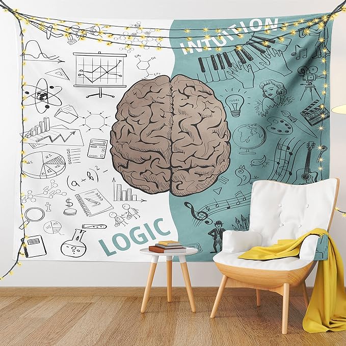 Ambesonne Modern Tapestry, Brain Image Left and Right Music Logic Art Side Science Print, Wall Hanging for Bedroom Living Room Dorm Decor, 60" X 80", White Teal Umber