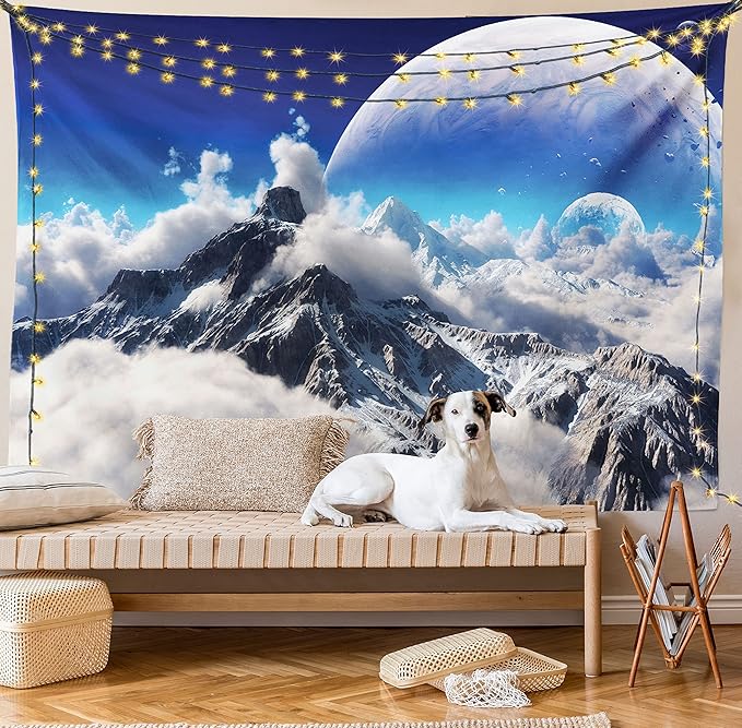Ambesonne Fantasy Tapestry, Celestial View of Snow Capped Mountains and Alien Planet Print, Fabric Wall Hanging Decor for Bedroom Living Room Dorm, 30" X 45", White and Navy Blue