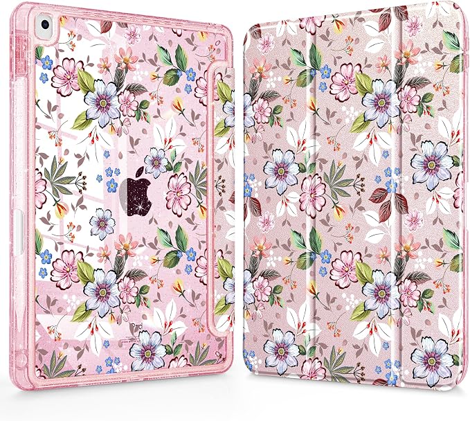 Mektron Sparkly Case for iPad 10.2 inch Glitter Tablet Cases for iPad 9th Gen 2021/8th Gen 2020/7th Gen 2019 Cover with Shiny Clear Back Shell Foldable Bling Smart Cover Blue Floral