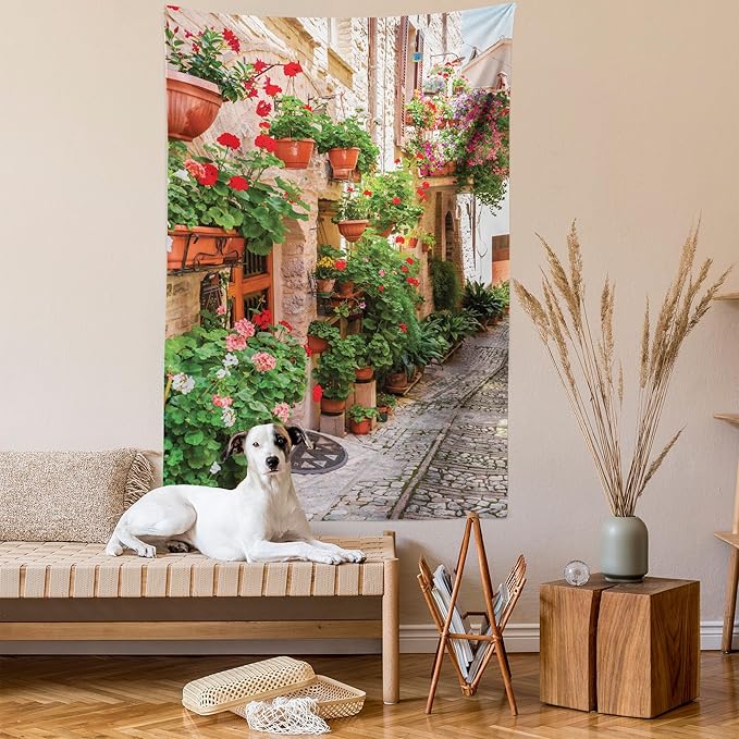 Ambesonne Italian Tapestry Queen Size, Street View of a Small Renaissance Town with Floral Porches and Rock Mediterranean, Wall Hanging Bedspread Bed Cover Wall Decor, 88" X 88", Pale Brown