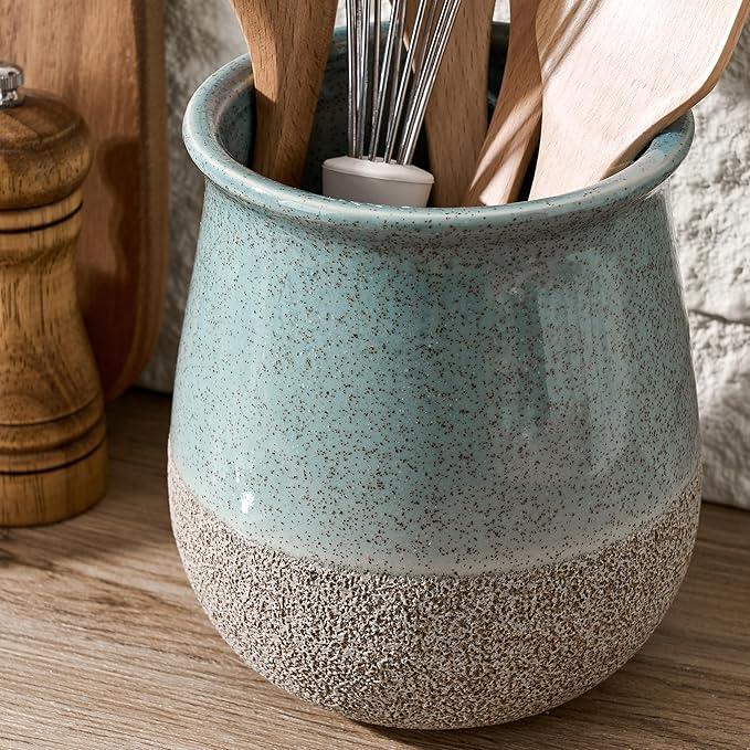 Utensil Holder for Kitchen Counter, Modern Farmhouse Cooking Utensil Holder and Crock Home Kitchen Decor, Ceramic Utensil Organizer for Spatula, Ladle, Eggbeater, Rolling Pin- Blue and Brown