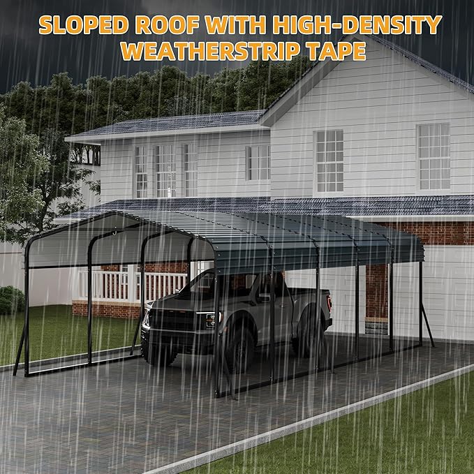 12 x 24 FT Metal Carport with Galvanized Steel Roof, Heavy Duty Metal Roof Carport with Enhanced Base, Tall Kits Garage for Tractors, Trucks, Boats, Cars