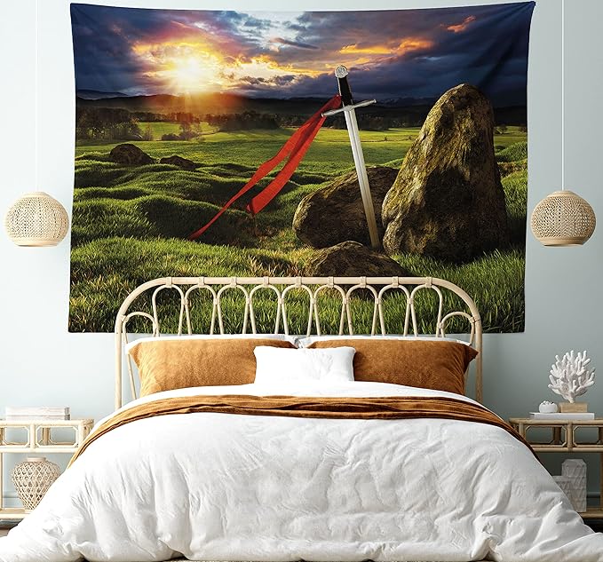 Ambesonne King Tapestry King Size, Arthur Camelot Myth in England Ireland Fields Invincible Myth Image, Wall Hanging Bedspread Bed Cover Wall Decor, 104" X 88", Green Blue Red