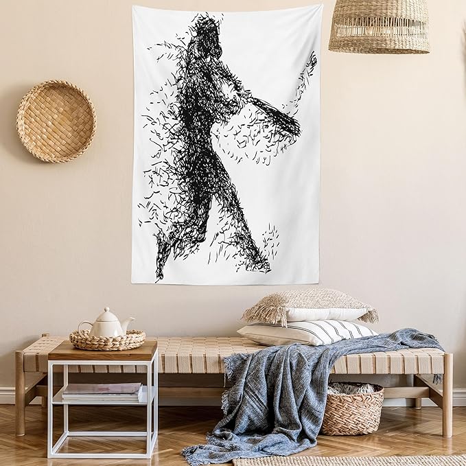 Ambesonne Black and White Tapestry, Abstract Illustration of a Baseball Player Posing Grunge, Fabric Wall Hanging Decor for Bedroom Living Room Dorm, 30" X 45", White Charcoal