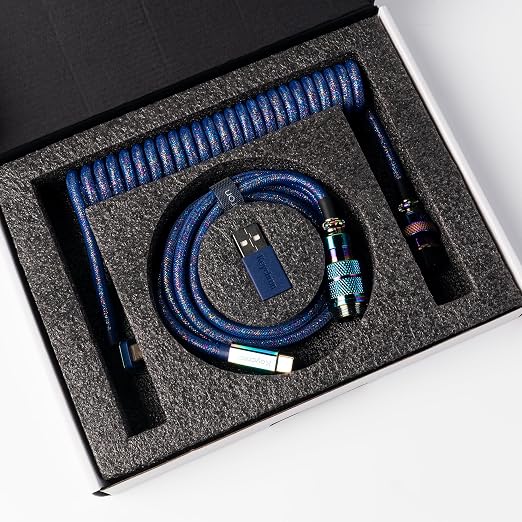 Keychron Premium Coiled USB-C Angled Purple Cable 5-Pin GX16 Detachable Metal Connector USB-A Adapter Double-Sleeved Design for Mechanical Keyboards Charging and Data Sync