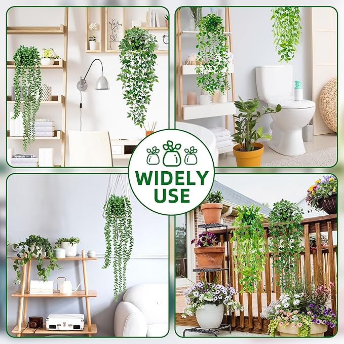 Palonu Artificial Hanging Plants for Shelf, 4 Pack Fake Potted Greenery Faux Eucalyptus Vine, Mandala Vine, String of Pearls,Pea pod Leaves in Pot for Office Living Room Bathroom Indoor Outdoor Décor