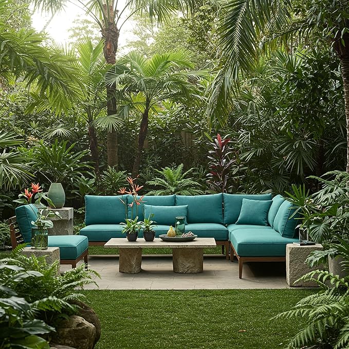 RSH DECOR: Sunbrella Square Throw Pillows Set of 4 | 20" x 20" | Water and Fade-Resistant Performance Fabric | Outdoor Pillow Covers with Down-Alternative Inserts | Spectrum Peacock