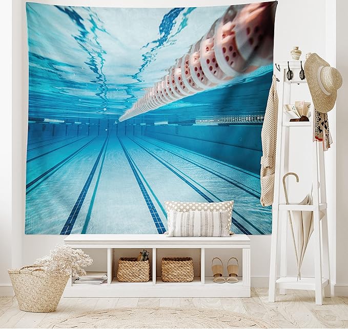 Ambesonne Sports Tapestry, Swimming Pool Underwater View Relaxing Exercise Hobby Leisure Activity Theme Picture, Fabric Wall Hanging Decor for Bedroom Living Room Dorm, 45" X 30", Sky Blue