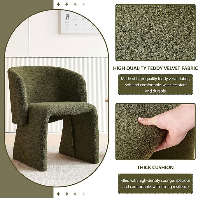 Modern Dining Chair Green Upholstered Barrel Home Kitchen Chair with Metal Frame, Comfy Accent Chair Teddy Velvet Single Sofa Chairs for Living Room,Bedroom