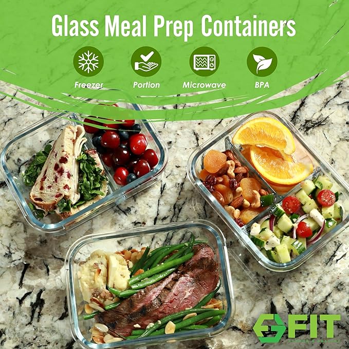 FIT Strong & Healthy Meal Prep Containers Glass, 1 & 2 & 3 Compartments – Portion Control Bento Box Adult, Glass Lunch Containers with Lids, Oven & Freezer Safe Bento Box, 35 oz, Gray, 3 Pack