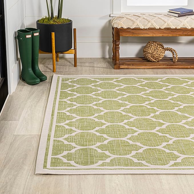 Eyely BMS109G-5 Santa Monica Trebol Moroccan Trellis Textured Weave Indoor/Outdoor Area Rug Coastal;Bohemian, Bedroom, Backyard, Patio, Easy-Cleaning, Non-Shedding, 5 X 8, Green/Cream