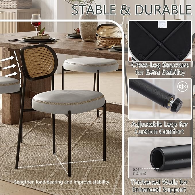 Rattan Dining Chairs Set of 2, Beige Leather Upholstered Dining Chairs with Rattan Cane Back, Mid Century Modern Dining Room Chairs with Black Metal Legs & D-Shaped Thicken Cushion, Beige