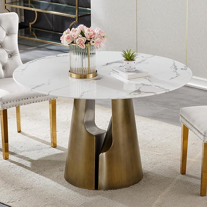 7-Piece Faux Marble Round Dining Table Set for 6, Modern Luxury Kitchen Table Set for 6 with Grey Tufted Chairs,Circle Dining Tables with White Marble Grain Top and Bronze Pedestal Base