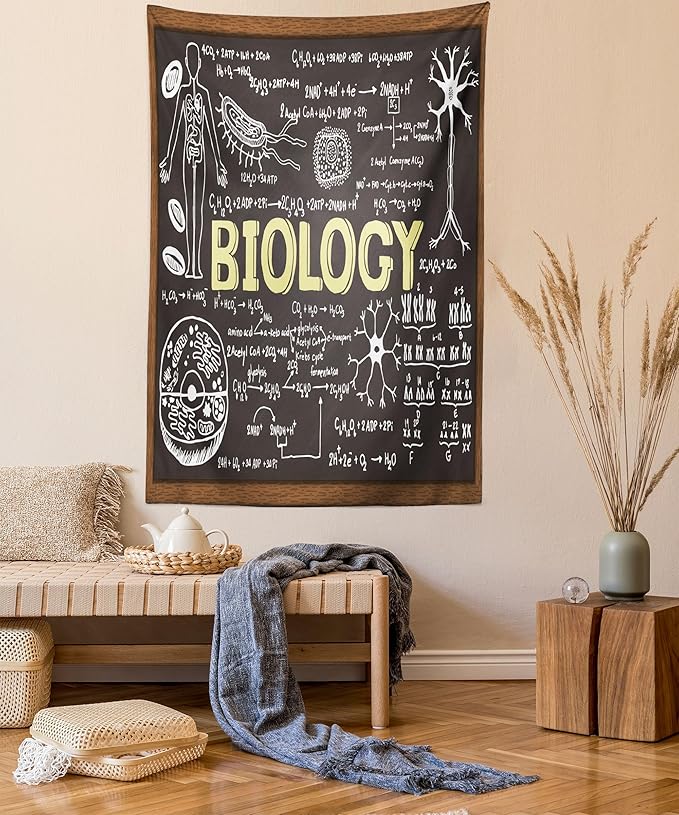 Ambesonne Science Tapestry, Black Chalkboard Biology Hand Written, Wall Hanging for Bedroom Living Room Dorm Decor, 40" X 60", Black Brown Pale Yellow