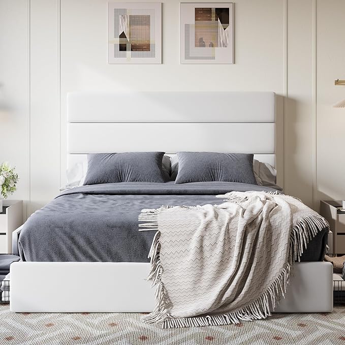 SHA CERLIN Full Size Platform Bed Frame with 4 Storage Drawers, Velvet Upholstered Headboard, Mattress Foundation with Wooden Slats Support, No Box Spring Needed, Easy Assembly, White