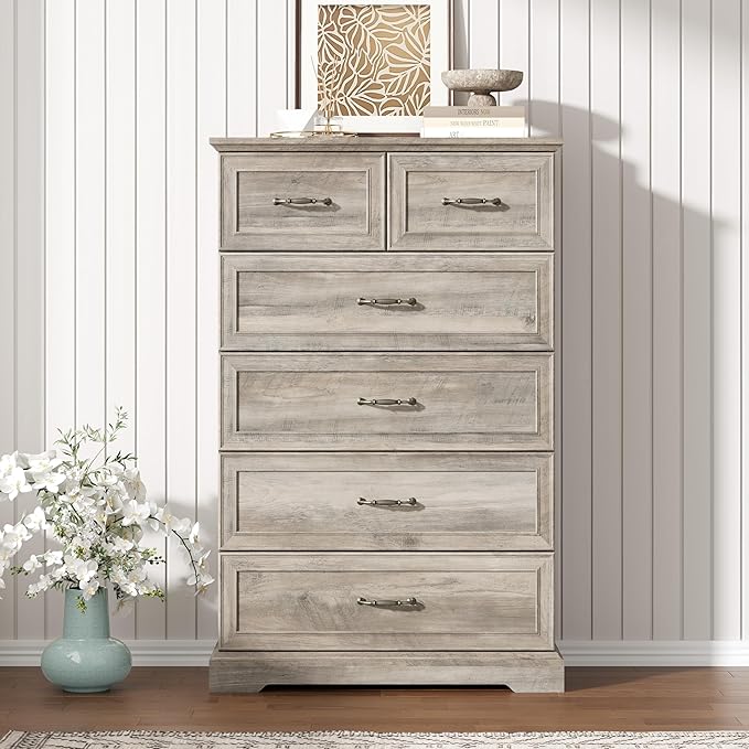 6 Drawer Dresser for Bedroom, 49" Tall Wooden Chest of Drawers, Rustic Farmhouse Dresser with Large Drawers & Metal Handles, Modern Storage Organizer for Closet, Living Room, Hallway, Grey