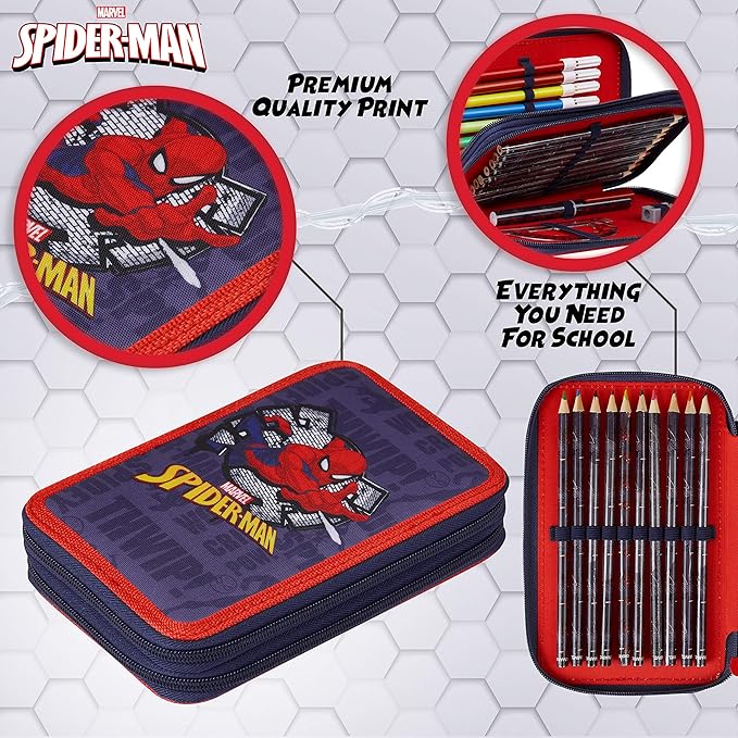 Marvel Boy's Pencil Case, Pencil Case with Compartments Filled School Supplies, Felt, Coloured Pencil, Spiderman Avengers Back to School Gift