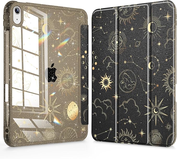 for iPad Air 11 inch M4/M3/M2 (2026/2025/2024) iPad Air 5th/4th Gen (2022/2020) 10.9 inch with Pencil Holder Glitter Clear Pretevtive Cover Auto Wake/Sleep Black Cartoon Stickers