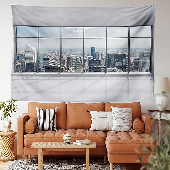 Ambesonne City Tapestry Queen Size, Clean Office with Big Window Downtown Skyscraper Buildings Domestic Cityscape Art, Wall Hanging Bedspread Bed Cover Wall Decor, 88" X 88", Grey White