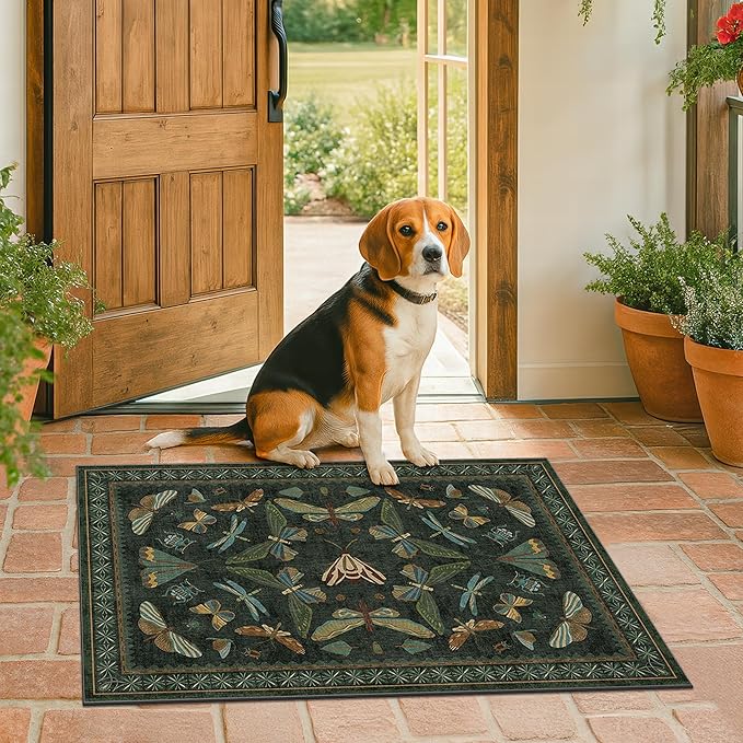 2x4 Entry Way Rugs Indoor - Dark Green Putdoor Rug for Kitchen, Bathroom, Insect Boho Design, Washable Non Slip Stain Resistant