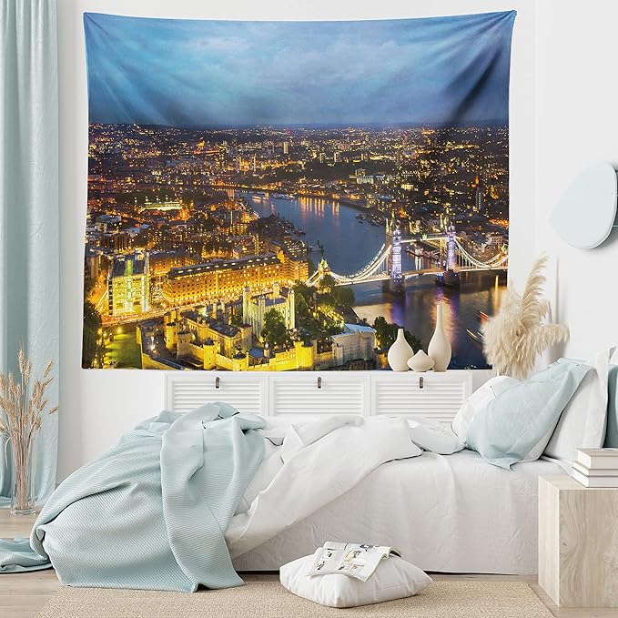 Ambesonne Modern Tapestry Queen Size, Sunset at London England Cityscape Night Time and Tower Bridge Landmark Urban, Wall Hanging Bedspread Bed Cover Wall Decor, Queen Size, Yellow Bluegrey