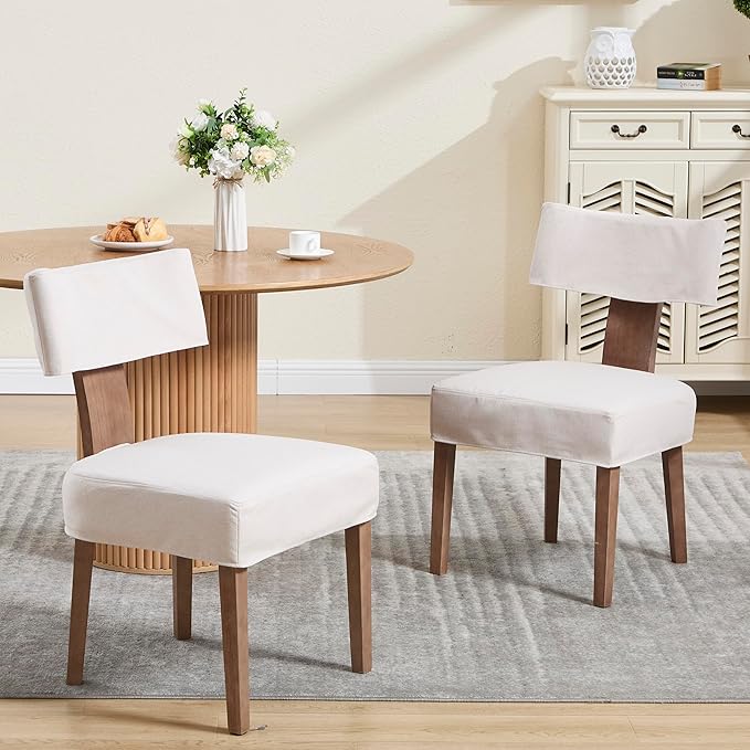 Upholstered Dining Chairs Set of 6 with Seat Covers, Modern Wooden Kitchen Chairs Fabric Side Dining Room Chair Farmhouse Dinner Chair, Beige