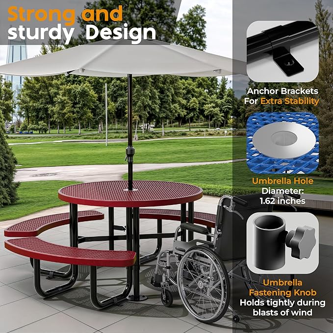 Metal Picnic Tables for Outdoors with Umbrella Hole - Coated Steel Heavy Duty Commercial Grade Furniture Set with Adjustable Seats (Red, 46 in, Round, Expanded Steel)