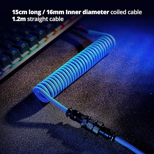 GUNMJO Pro Custom Coiled USB C Cable for Gaming Keyboard Double-Sleeved Mechanical Keyboard Cable with Detachable Metal Aviator 1.5M USB-C to USB-A Blue Color