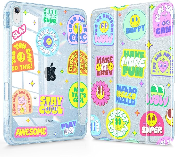for iPad Air 11 inch M4/M3/M2 (2026/2025/2024) iPad Air 5th/4th Gen (2022/2020) 10.9 inch with Pencil Holder Glitter Clear Pretevtive Cover Auto Wake/Sleep Black Cartoon Stickers