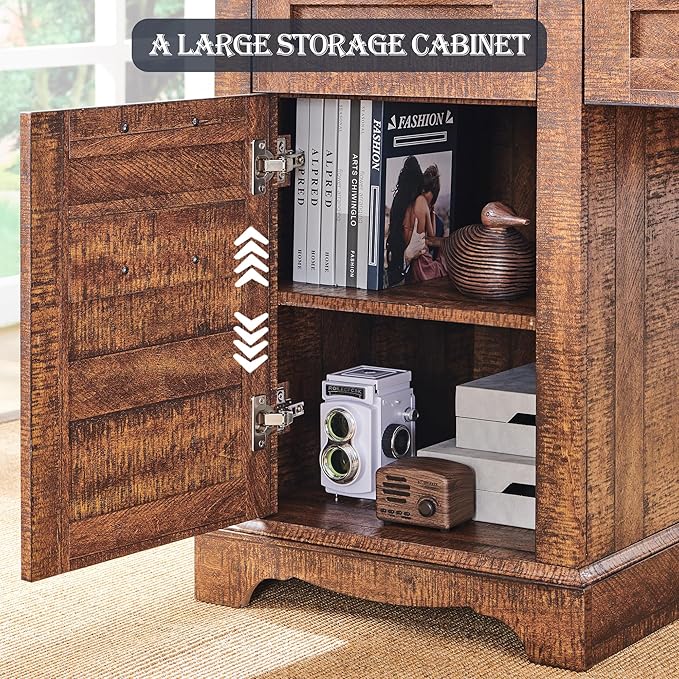RedLemon 60" Farmhouse L Shaped Executive Desk with Drawers, Wood Home Office Corner Desk with Charging Station, File Drawer, Storage Cabinet, Rustic Computer Writing Desk (Reclaimed Barnwood)